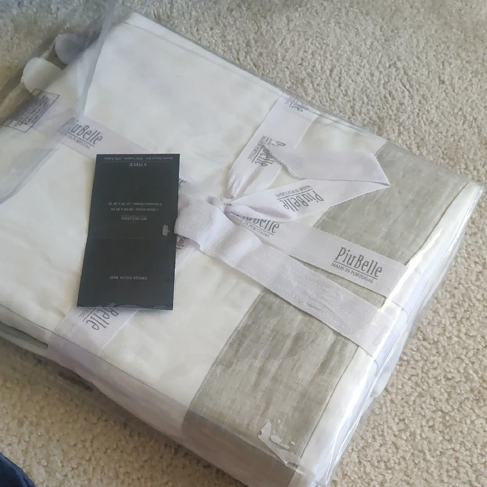 New!PiuBelle Portugal Linen Blend Queen 3-Piece Duvet Set White Sage Border Y2K